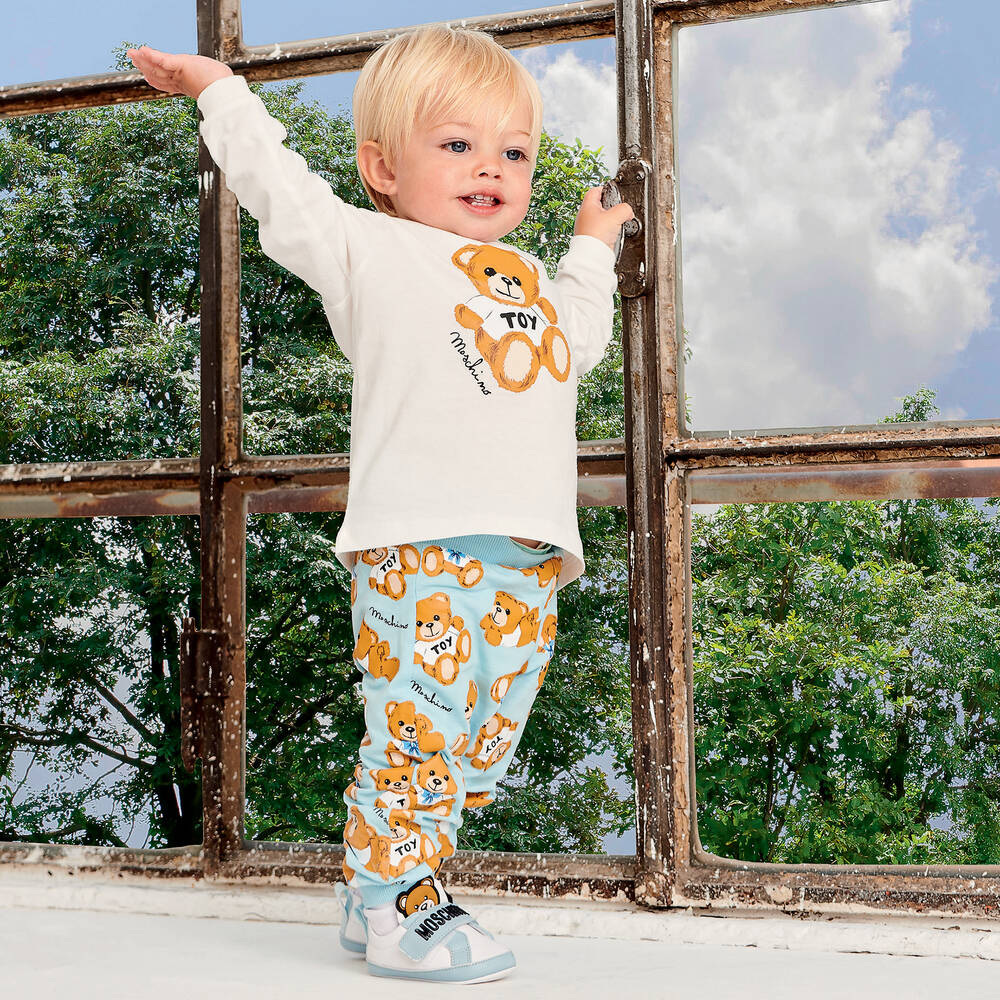 موسكينو Baby-طقم بنطلون قطن جيرسي لون أزرق وعاجي للأطفال | Childrensalon Outlet