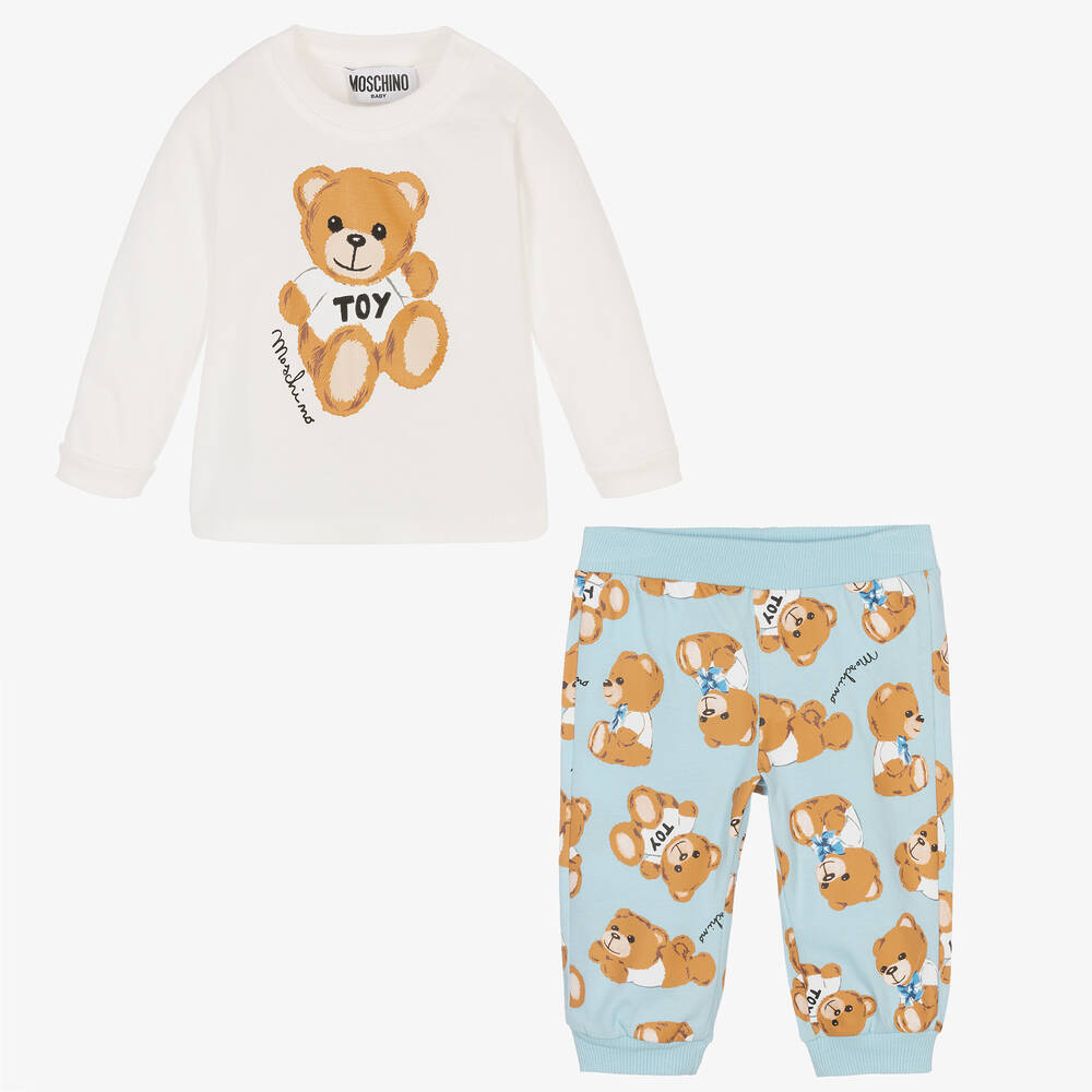 موسكينو Baby-طقم بنطلون قطن جيرسي لون أزرق وعاجي للأطفال | Childrensalon Outlet