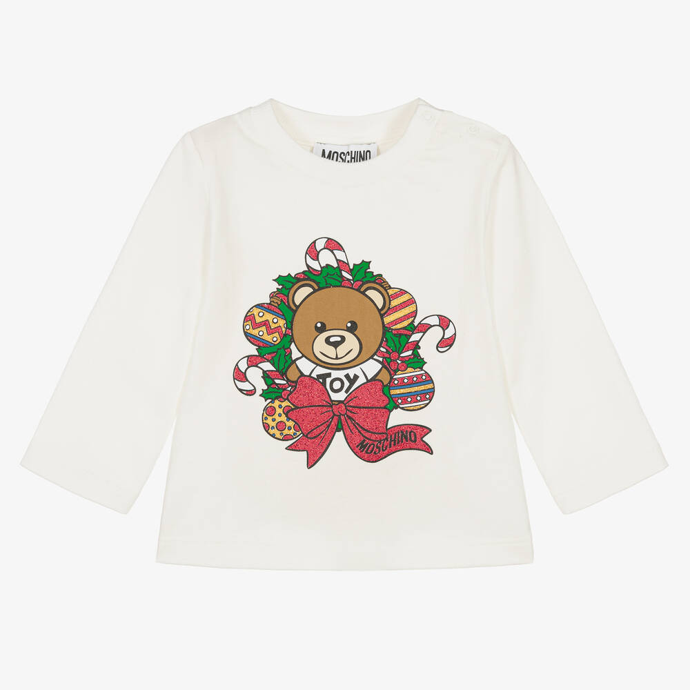 Moschino Baby - Ivory Cotton Festive Teddy Bear Top | Childrensalon