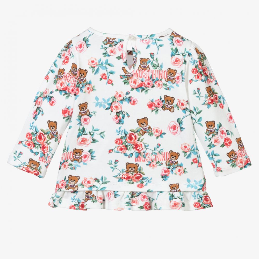 Moschino Baby-توب أطفال بناتي قطن جيرسي لون عاجي بطبعة ورود | Childrensalon Outlet