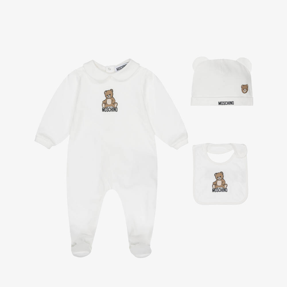 Moschino-Ivory Cotton Jersey Teddy Bear Logo Babysuit Set | Childrensalon Outlet