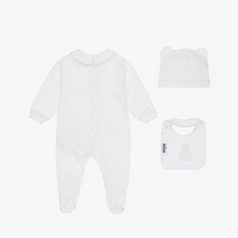 Moschino-Ivory Cotton Jersey Teddy Bear Logo Babysuit Set | Childrensalon Outlet