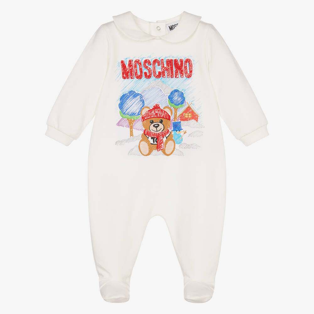 Moschino Baby - Ivory Cotton Logo Babygrow | Childrensalon