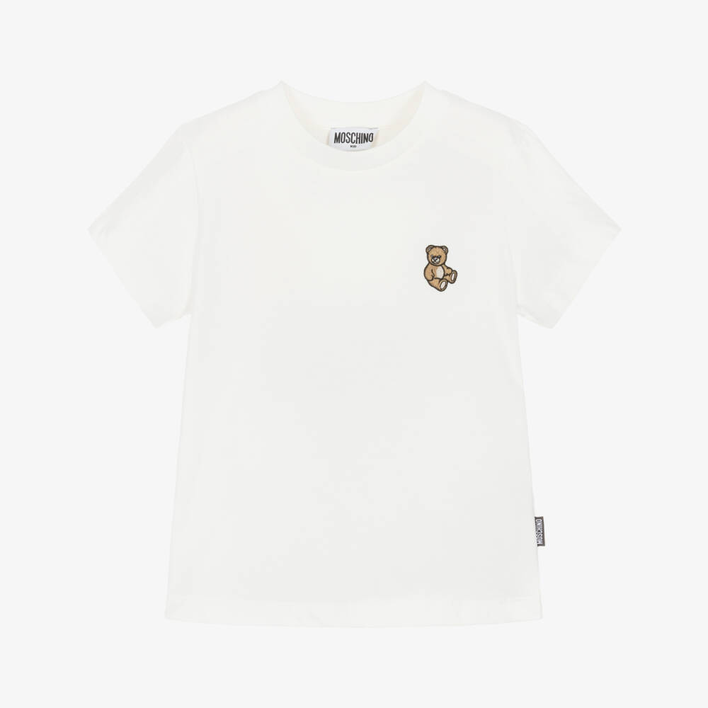 Moschino-Ivory Cotton T-Shirt with Embroidered Teddy Bear Logo Patch | Childrensalon Outlet