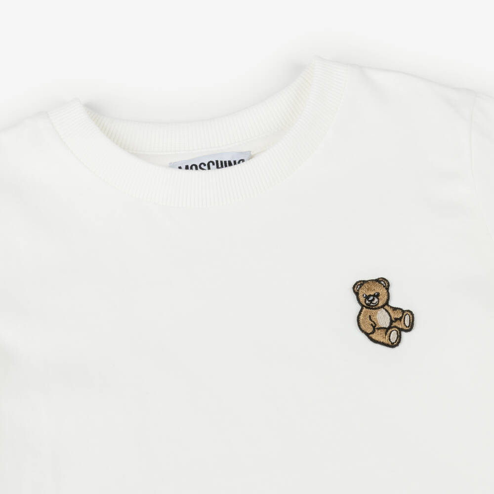 Moschino-Ivory Cotton T-Shirt with Embroidered Teddy Bear Logo Patch | Childrensalon Outlet