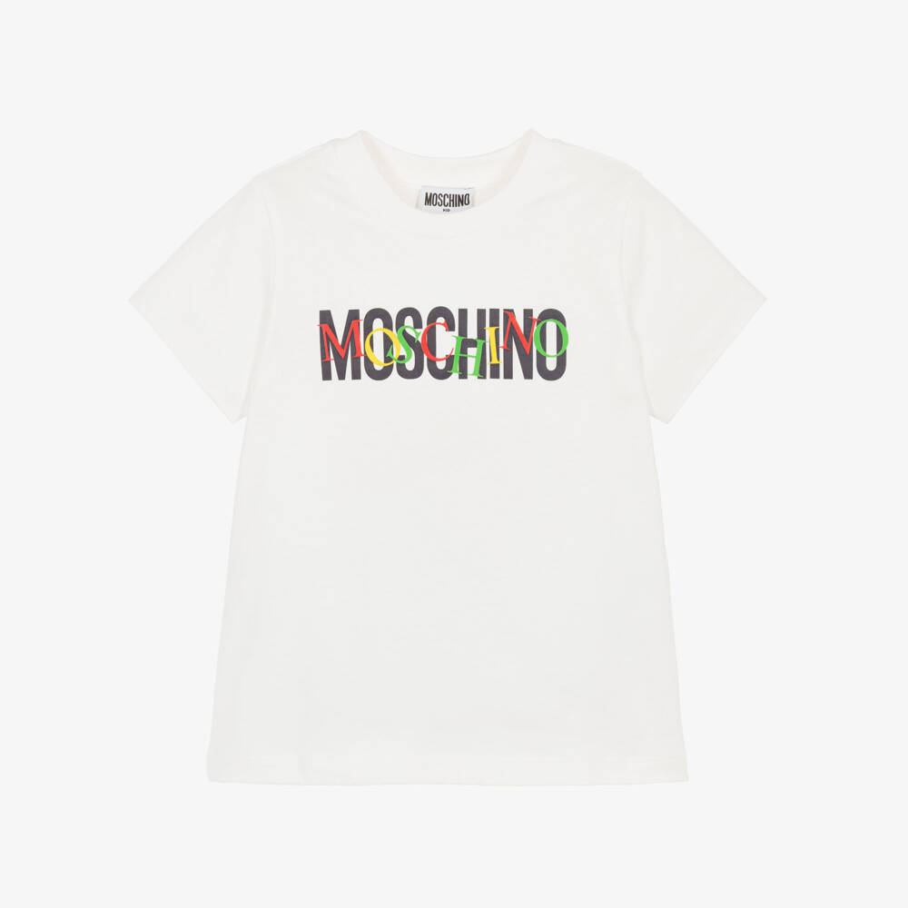 Moschino-Ivory Cotton T-Shirt with Multicolour Logo | Childrensalon Outlet
