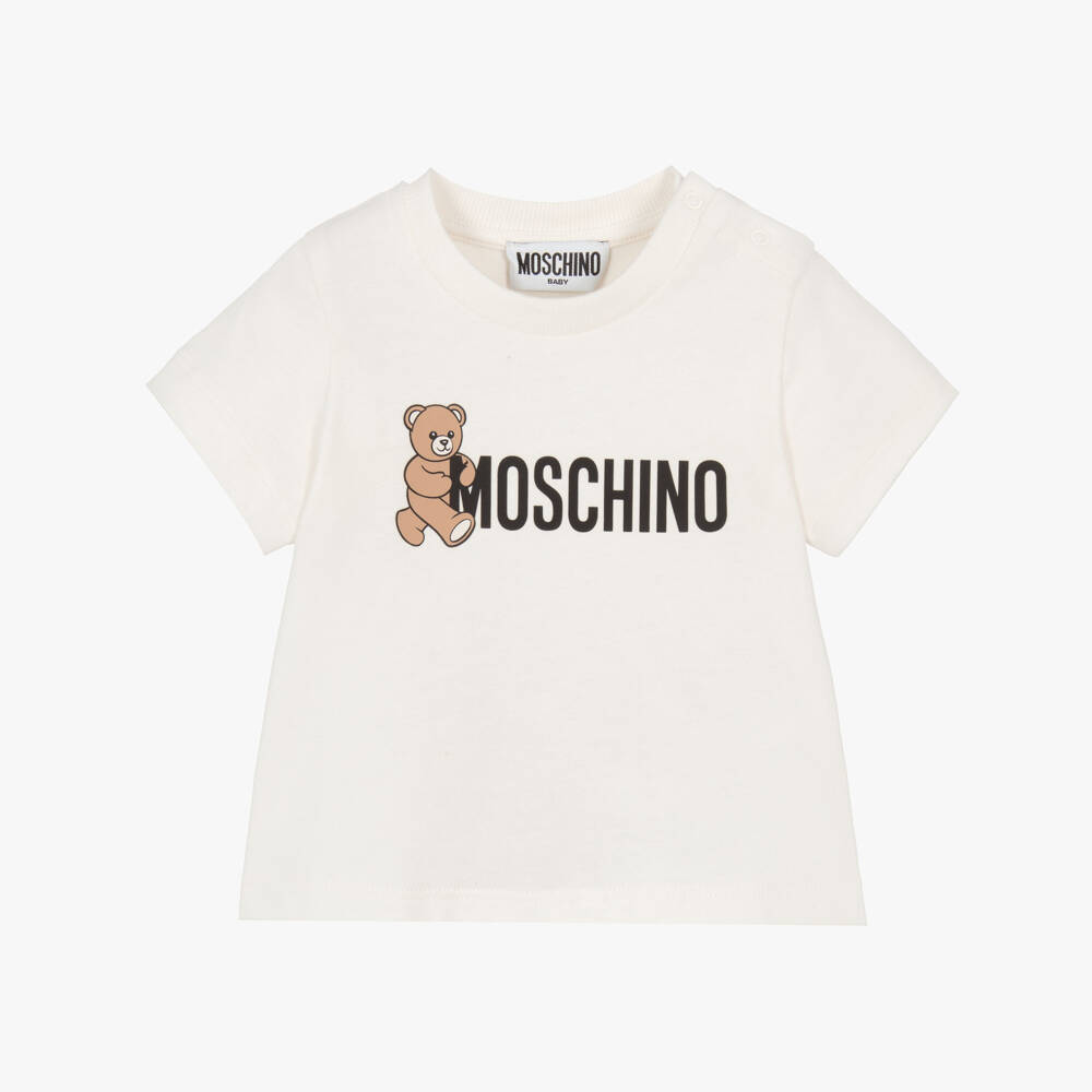 Moschino-Ivory Cotton Teddy Bear Baby T-Shirt | Childrensalon Outlet