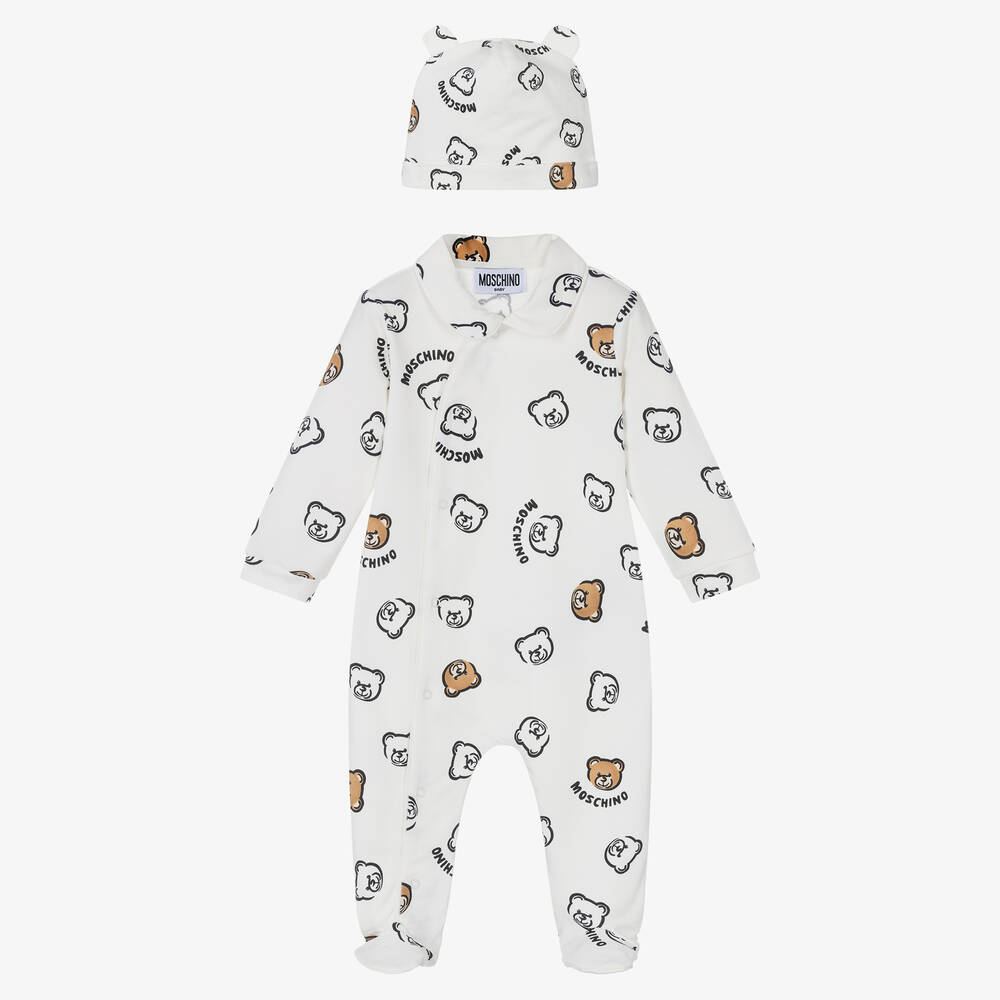 Moschino Baby - Ivory Cotton Teddy Bear Babysuit Set | Childrensalon