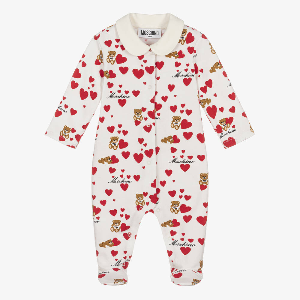 Moschino Baby - Ivory Cotton Teddy Bear & Heart Babygrow | Childrensalon