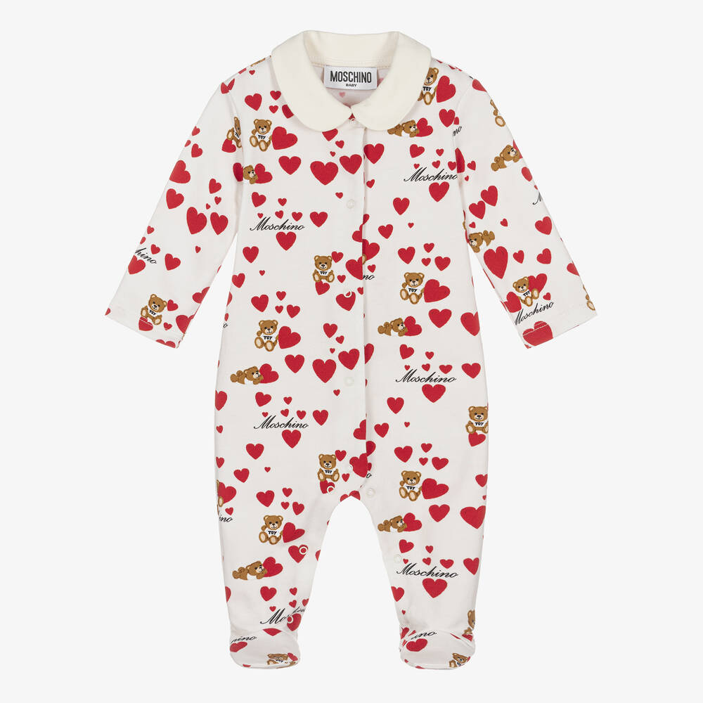 Moschino Baby-أفرول بيبي غرو بطبعة قلوب وتيدي بير قطن لون عاجي للمولودات | Childrensalon Outlet