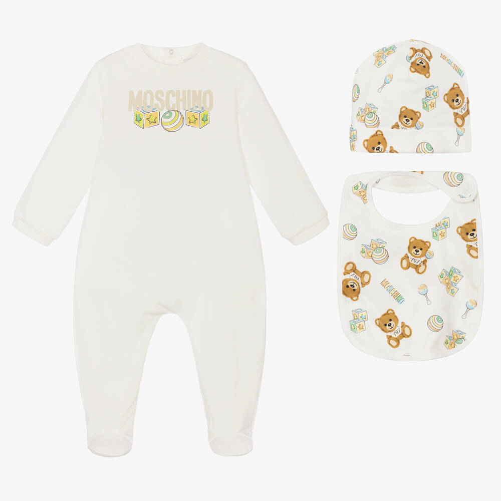 Moschino Baby - Ivory Cotton Teddy Bear Logo Babygrow Set | Childrensalon
