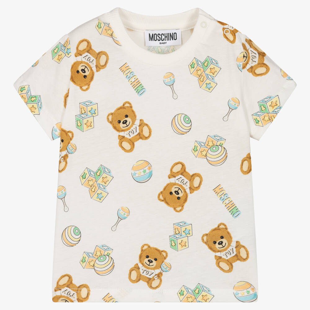 Moschino Baby - Ivory Cotton Teddy Logo T-Shirt | Childrensalon