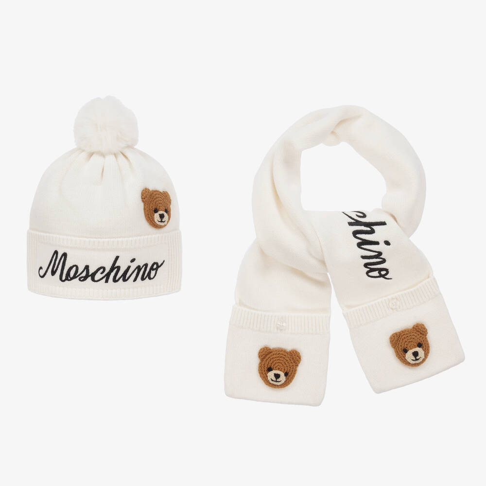 Moschino Kid-Teen - Elfenbeinfarbenes Geschenkset mit Strickmütze und Schal | Childrensalon