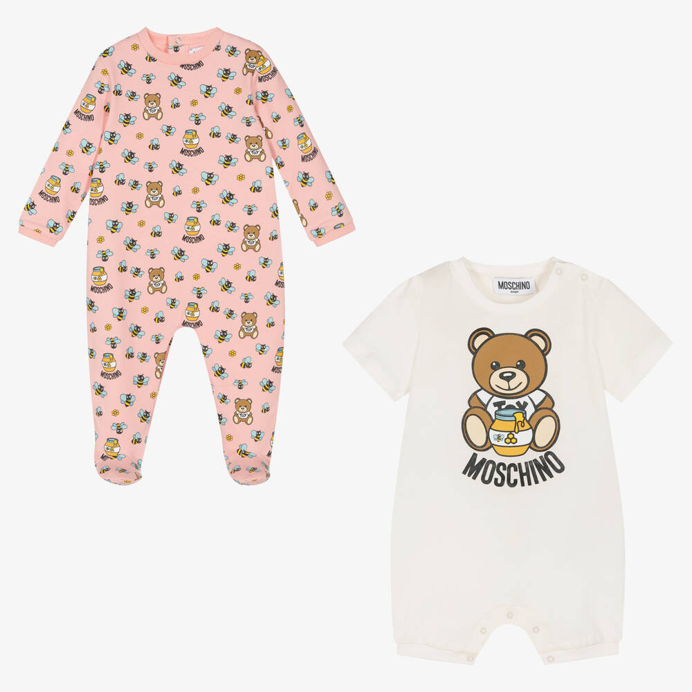 Moschino Baby Ivory Pink Bear Babysuits 2 Pack