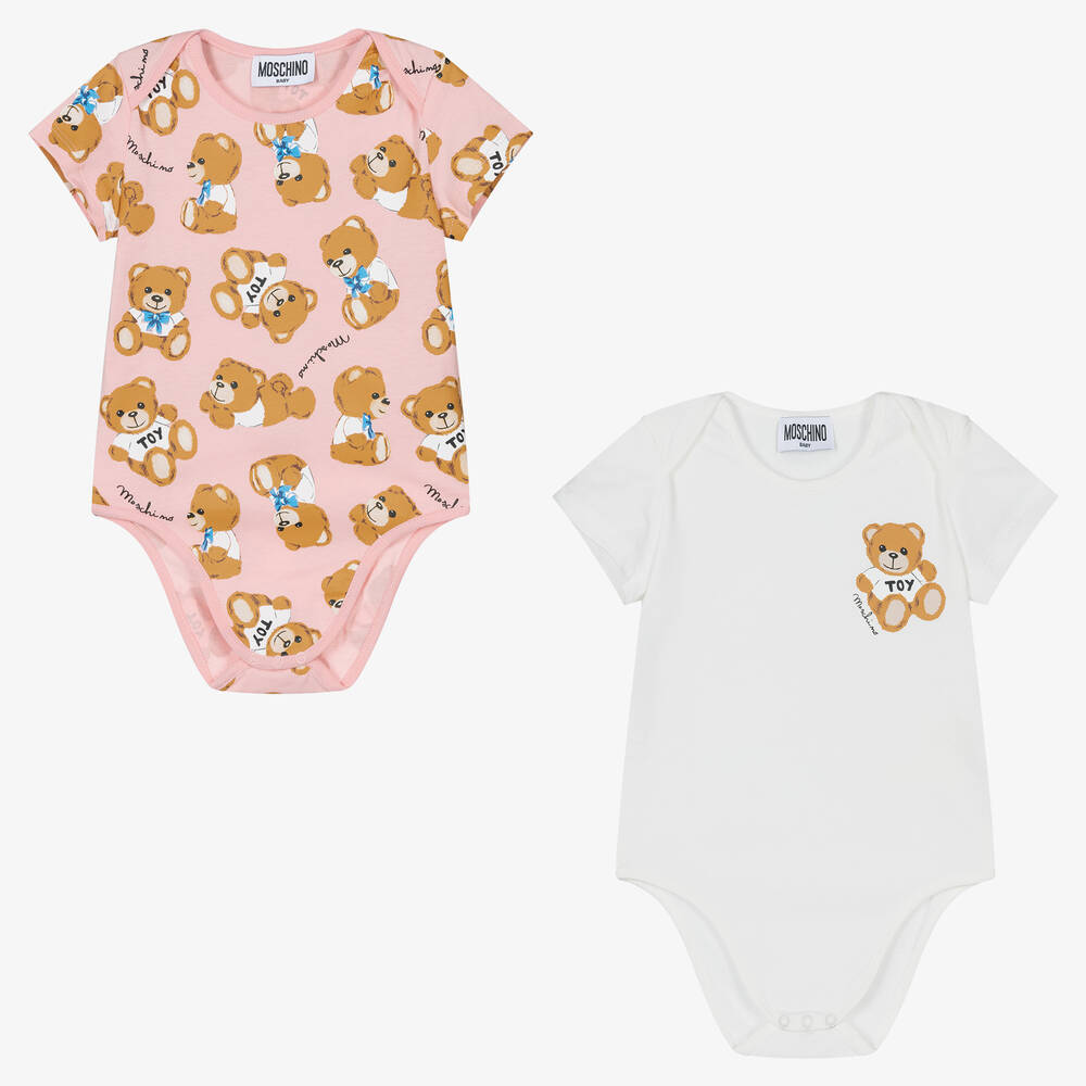 Moschino Baby - Ivory & Pink Cotton Bodyvests (2 Pack) | Childrensalon