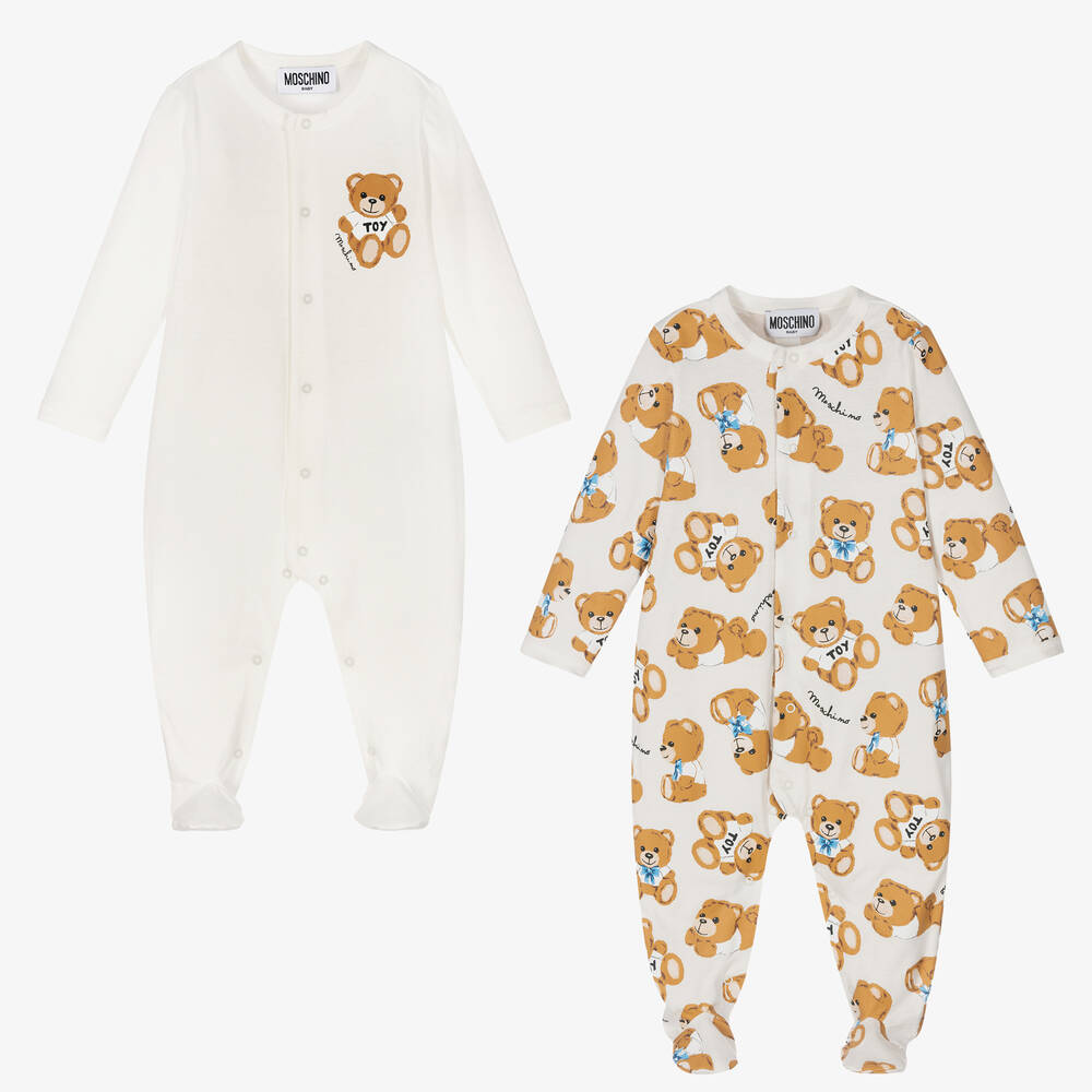 Moschino Baby - Ivory Teddy Babygrows (2 Pack) | Childrensalon