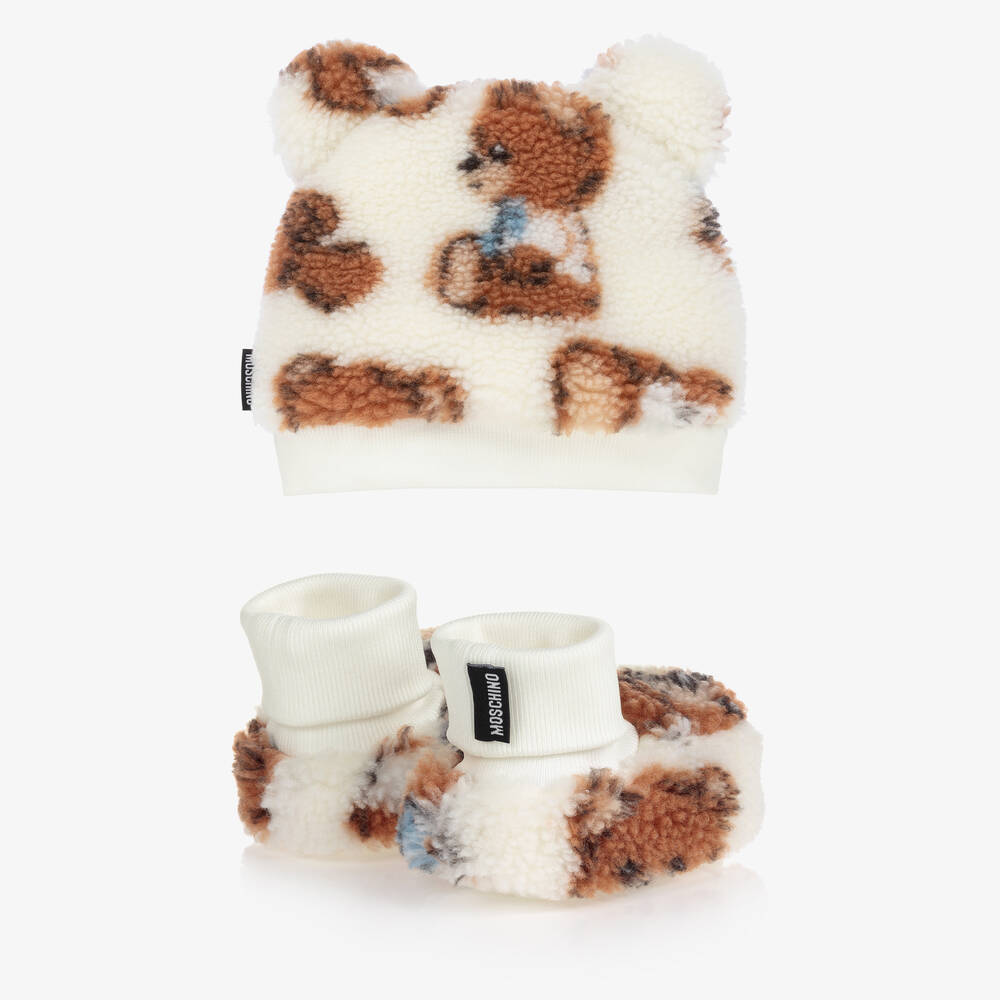 Moschino Baby-Ivory Teddy Fleece Hat Set | Childrensalon Outlet