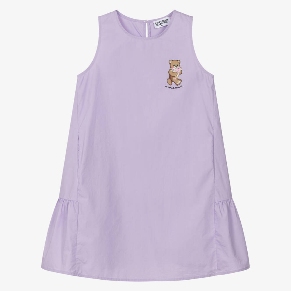 Moschino-Lilac Bear Logo Poplin Dress | Childrensalon Outlet