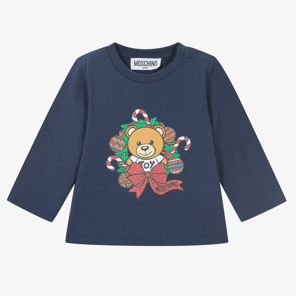 Moschino Baby - Navy Blue Cotton Festive Teddy Bear Top | Childrensalon