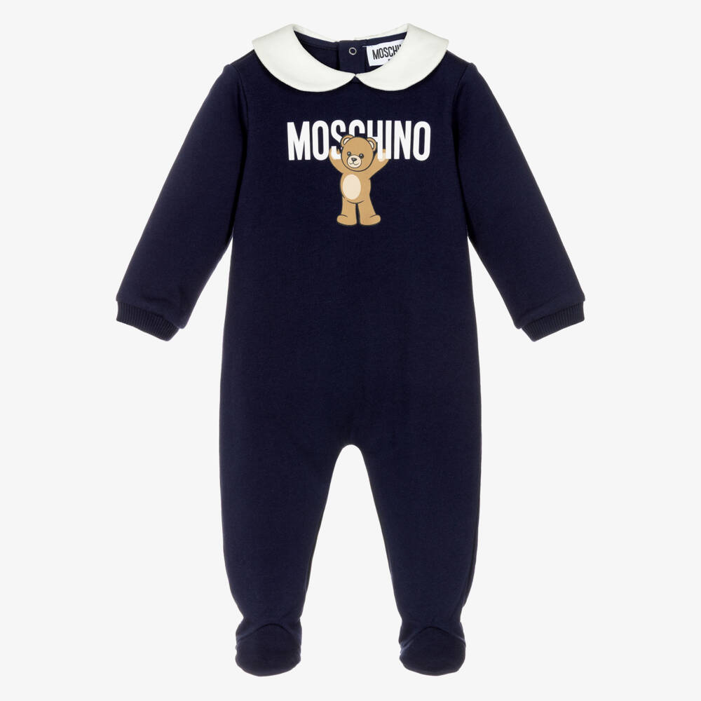 Moschino-Navy Blue Cotton Teddy Bear Logo Babygrow | Childrensalon Outlet