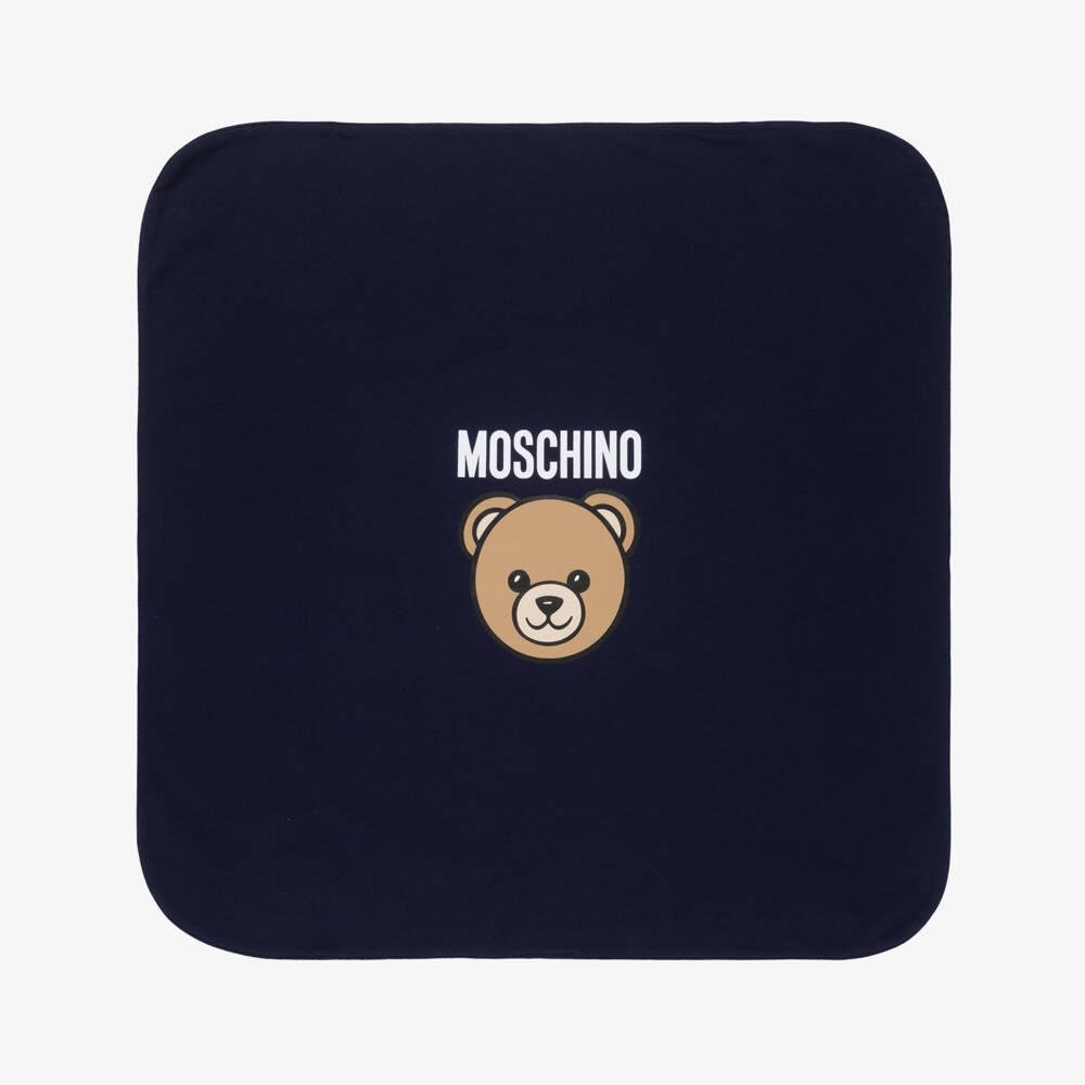 Moschino-Navy Blue Cotton Teddy Bear Logo Blanket (70cm) | Childrensalon Outlet