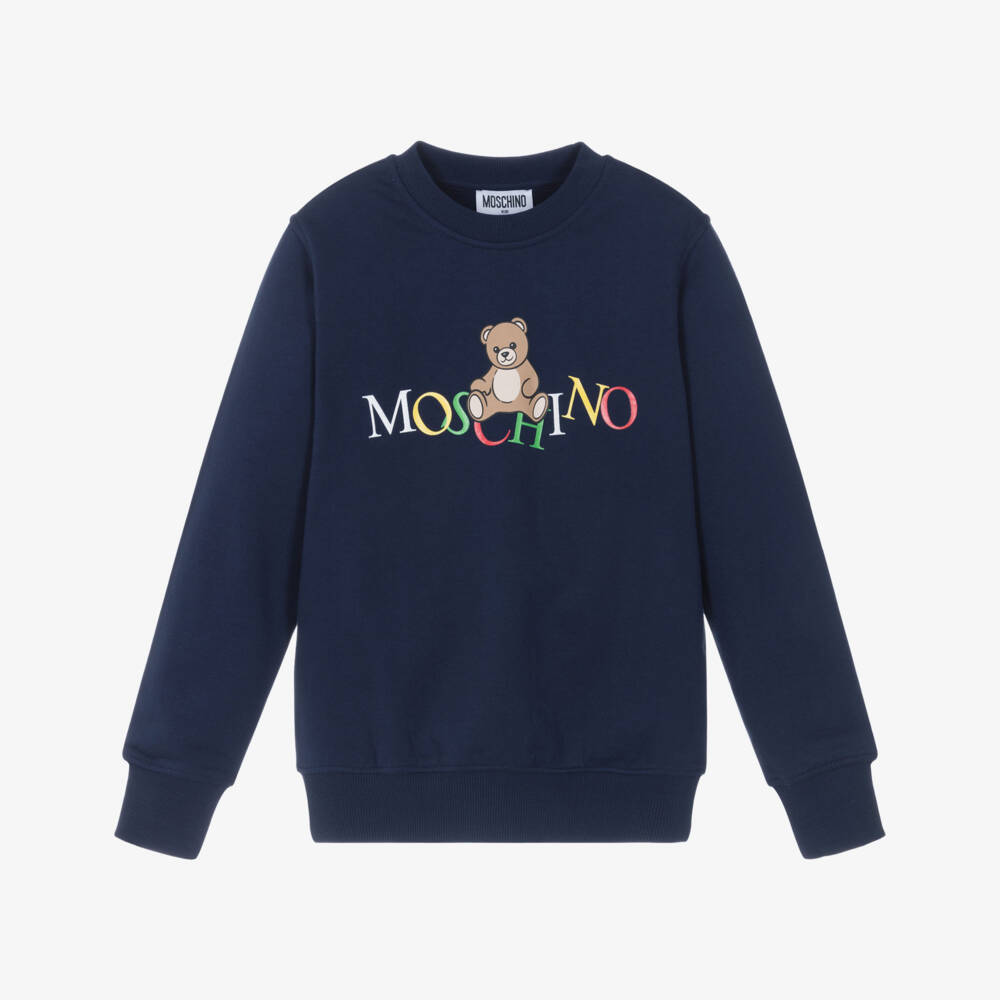 Moschino-Navy Blue Cotton Teddy Bear Sweatshirt with Colourful Logo | Childrensalon Outlet