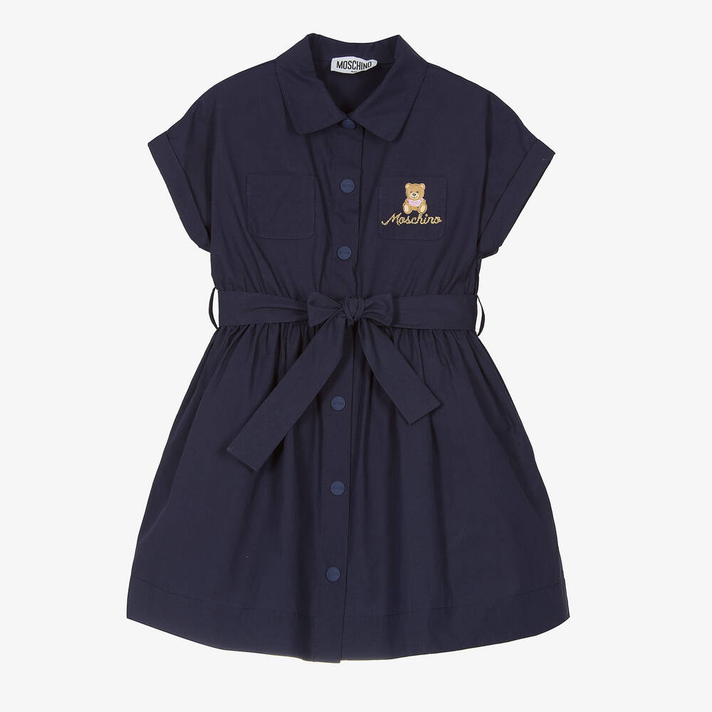Moschino Kid-Teen - Navy Blue Cotton Teddy Logo Shirt Dress | Childrensalon