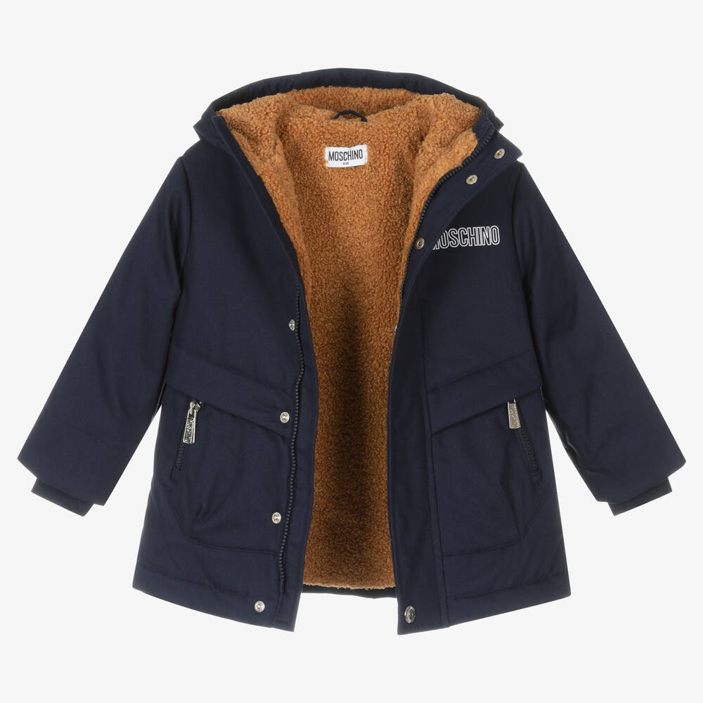 Moschino Kid-Teen-Navy Blue Logo Hooded Coat | Childrensalon Outlet