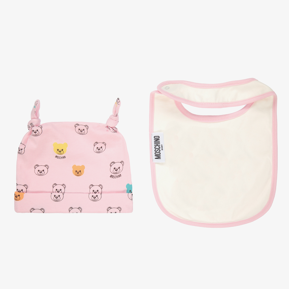 موسكينو Baby-طقم قبعة ومريلة قطن عضوي لون زهري للمولودات | Childrensalon Outlet