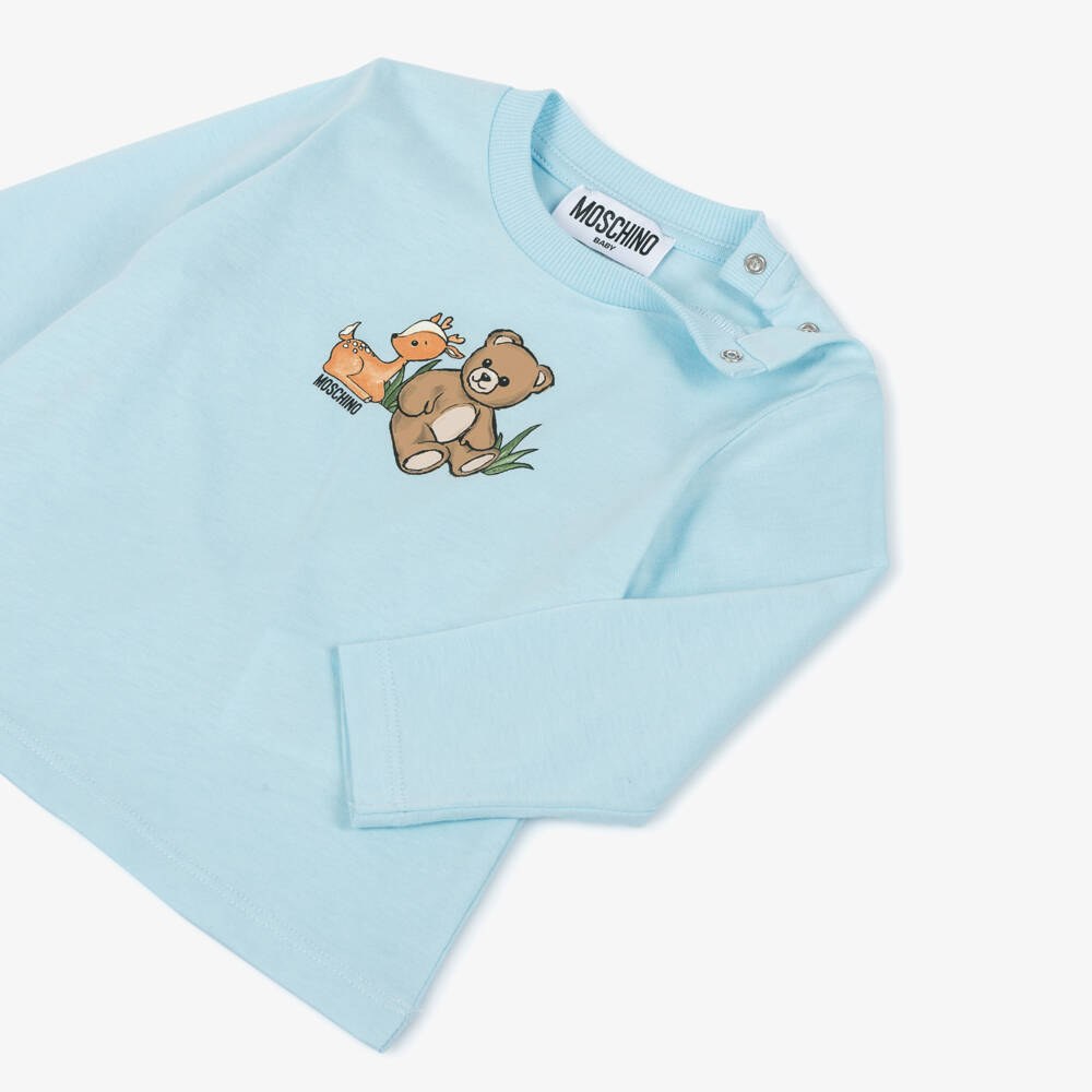 Moschino-Pale Blue Cotton Teddy Bear & Deer Top | Childrensalon Outlet