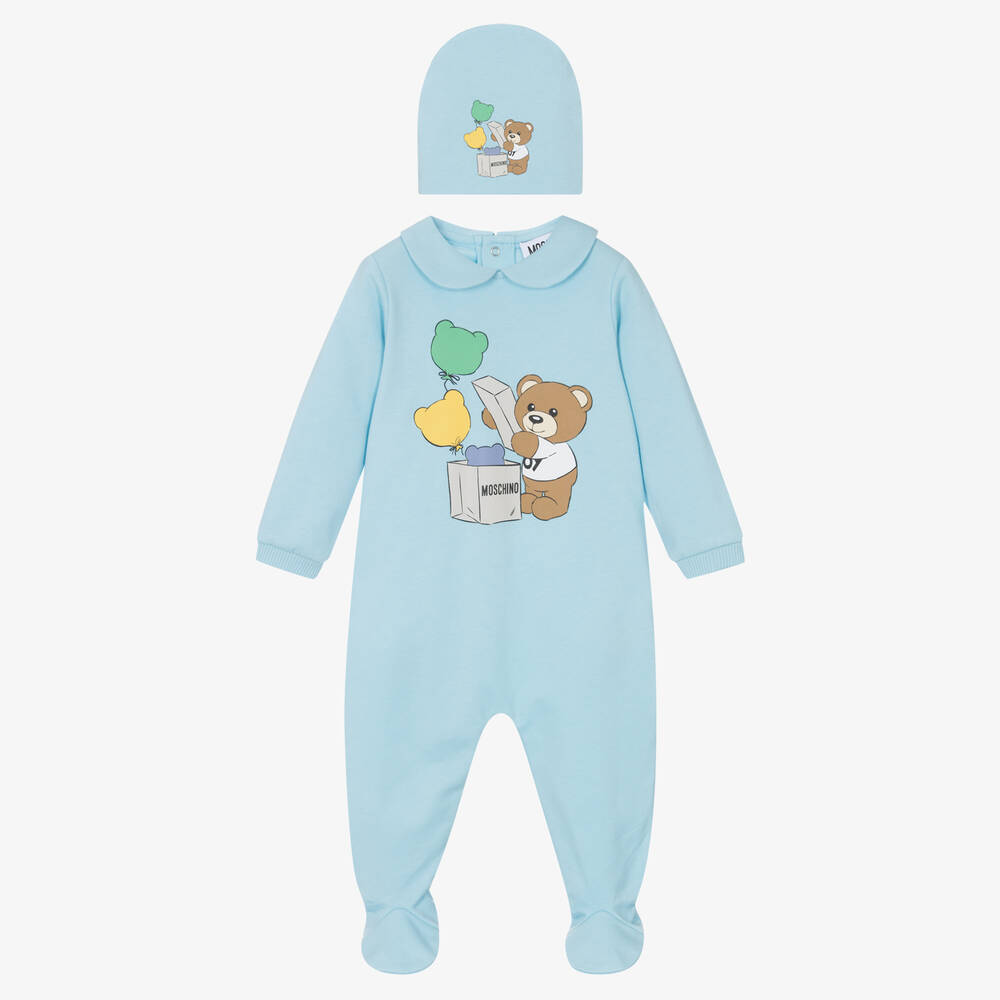 Moschino Baby -  أفرول مع قبعة قطن جيرسي لون أزرق فاتح للأطفال | Childrensalon