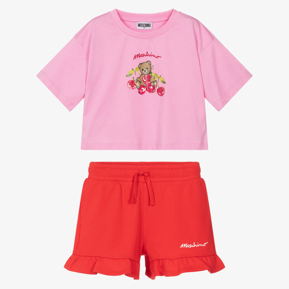 Moschino-Pink And Red Cherries Shorts Set | Childrensalon Outlet