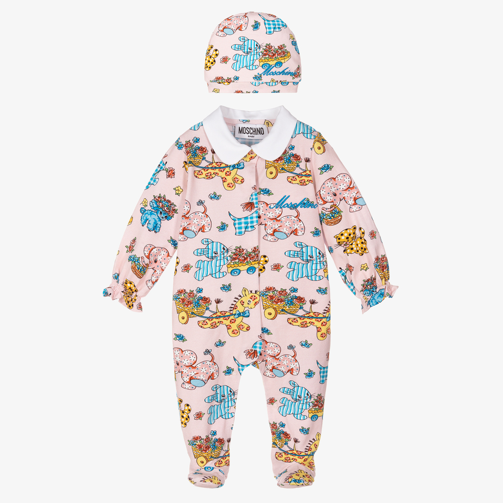 Moschino Baby - طقم هدية بيبي غرو وقبعة قطن جيرسي لون زهري للمولودات | Childrensalon