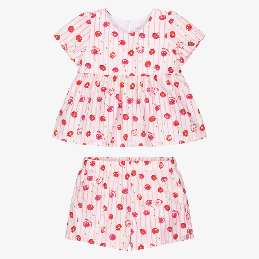Moschino-Pink Cherries Logo Blouse And Shorts Popline Set | Childrensalon Outlet