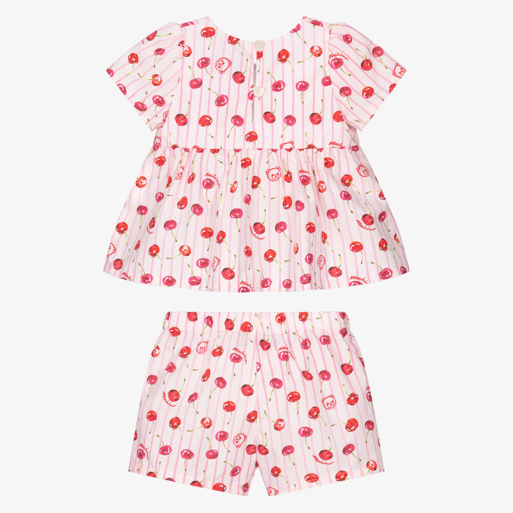 Moschino-Pink Cherries Logo Blouse And Shorts Popline Set | Childrensalon Outlet