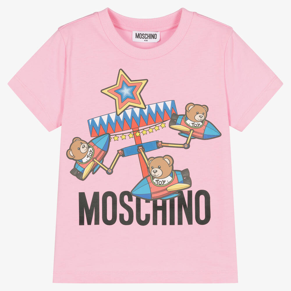 Moschino Kid-Teen - Pink Cotton Fun Fair Teddy Logo T-Shirt | Childrensalon