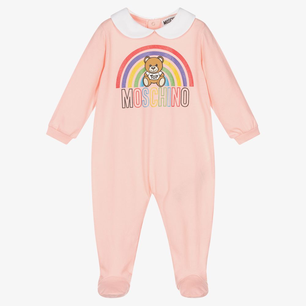Moschino Baby - Pink Cotton Logo Babygrow | Childrensalon
