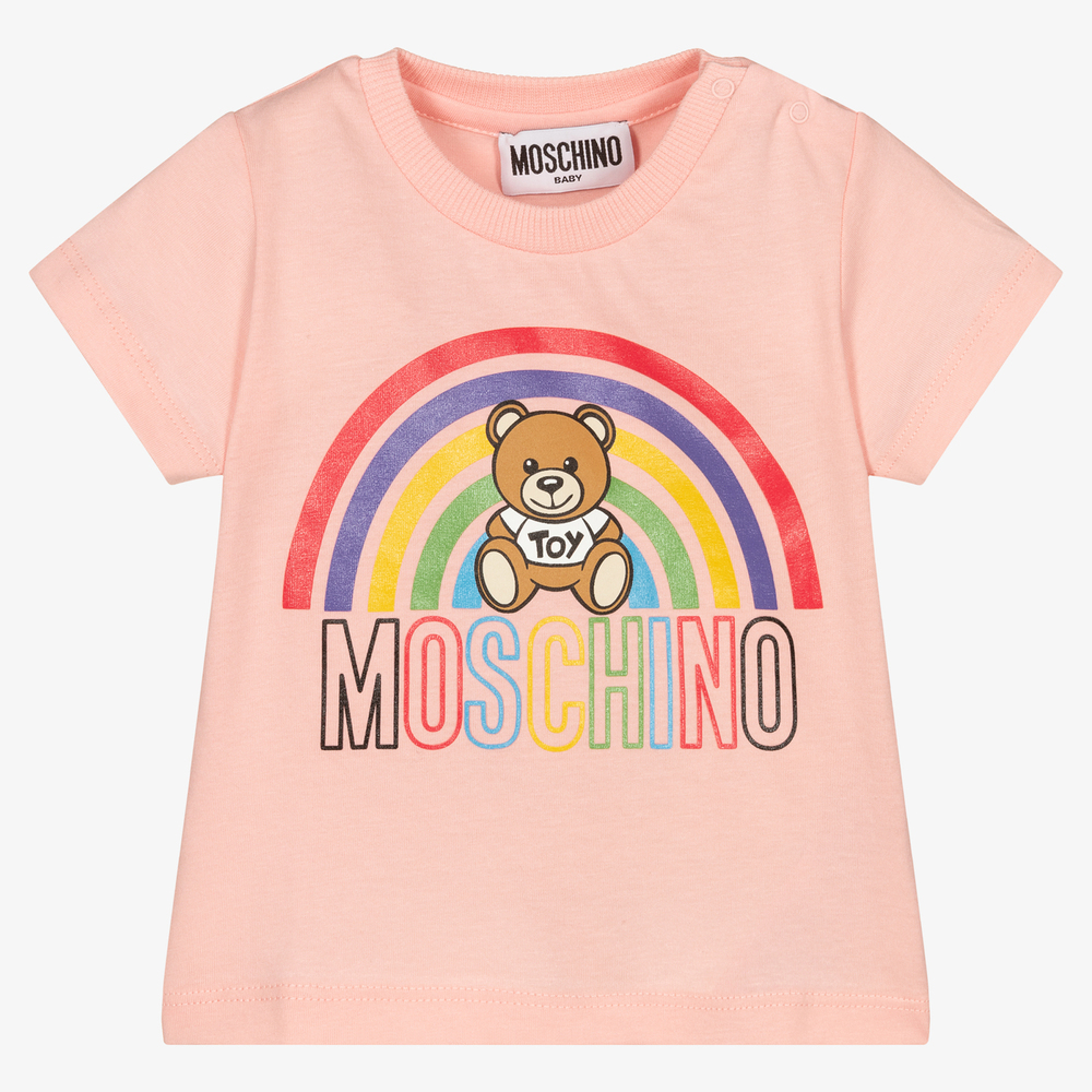 Moschino Baby - Rosafarbenes T-Shirt aus Baumwolle mit Regenbogen-Print | Childrensalon