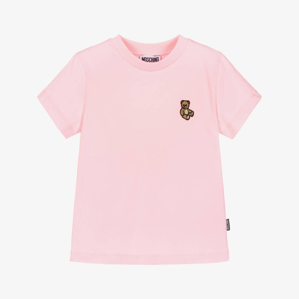 Moschino-Pink Cotton T-Shirt with Embroidered Teddy Bear Logo Patch | Childrensalon Outlet