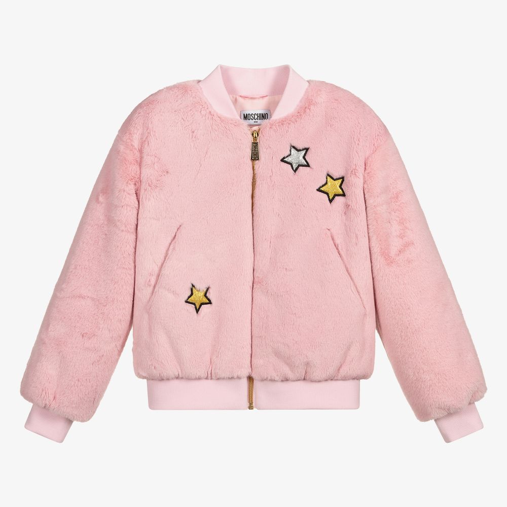 Moschino Kid-Teen - Розовая куртка-бомбер из искусственного меха | Childrensalon
