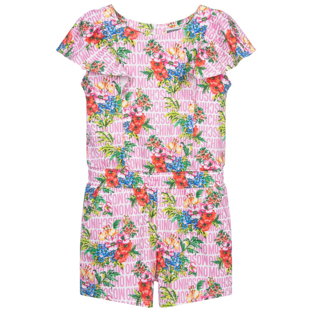 Moschino Kid-Teen - Pink Floral Logo Playsuit | Childrensalon