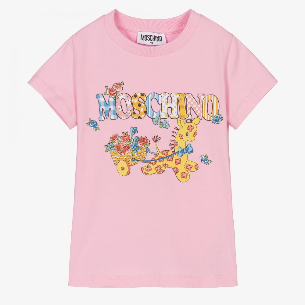 Moschino Kid-Teen - تيشيرت قطن جيرسي لون زهري بطبعة ورود للبنات | Childrensalon