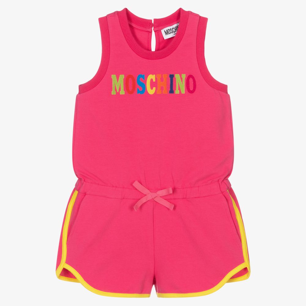 Moschino Kid-Teen - Pink Rainbow Logo Playsuit | Childrensalon