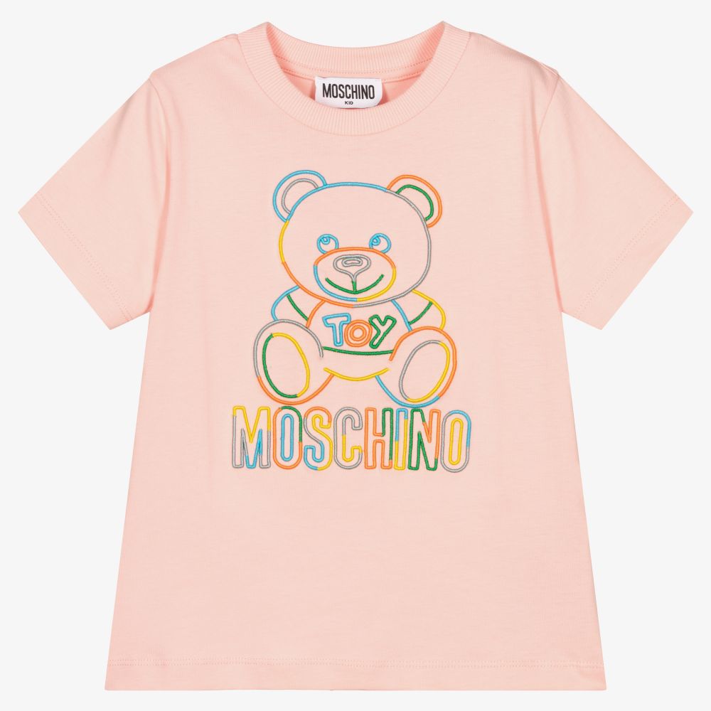 Moschino Kid-Teen - Rosafarbenes T-Shirt mit Teddybär-Print in Regenbogenfarben | Childrensalon