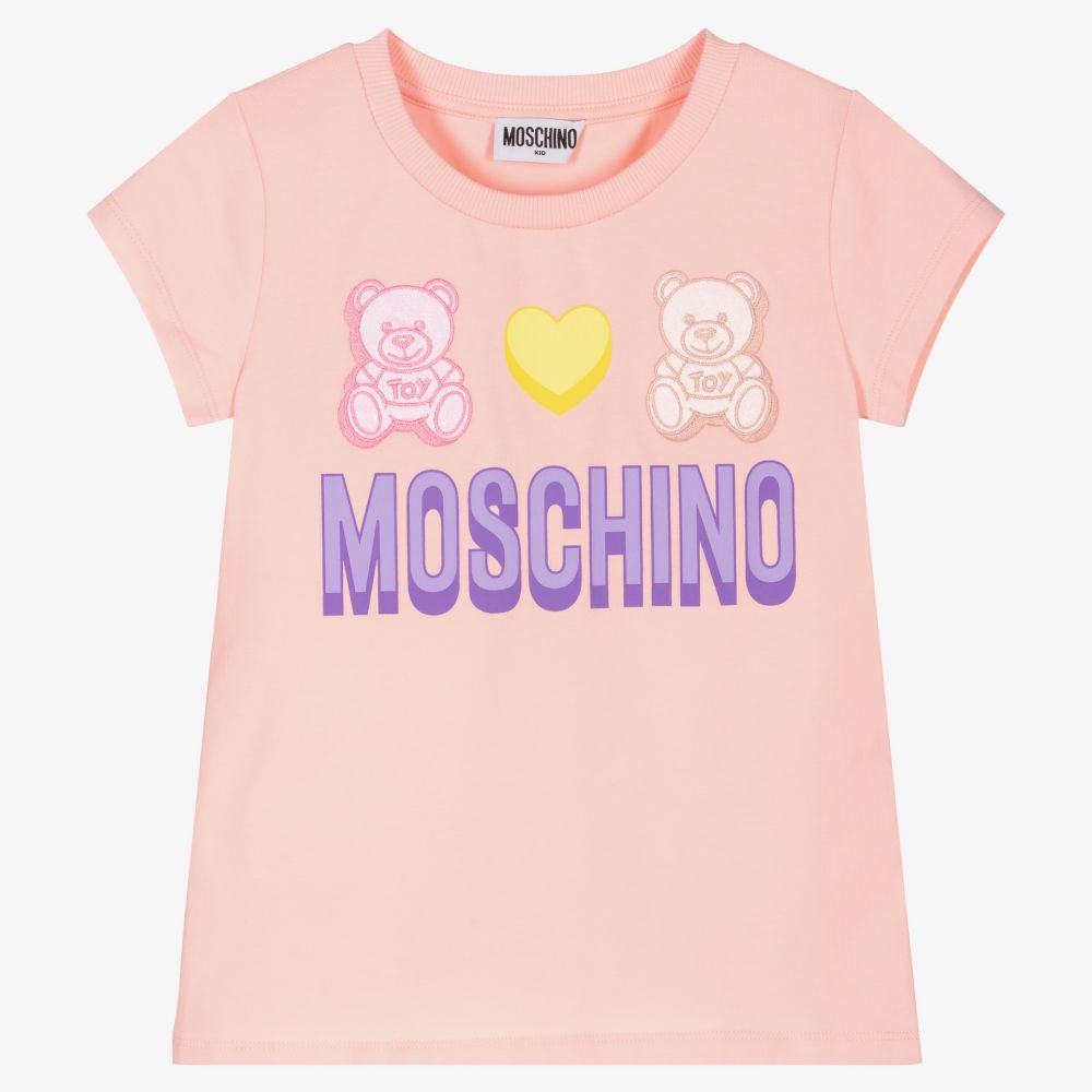 Moschino Kid-Teen - Розовая футболка с медвежонком и сердечком | Childrensalon