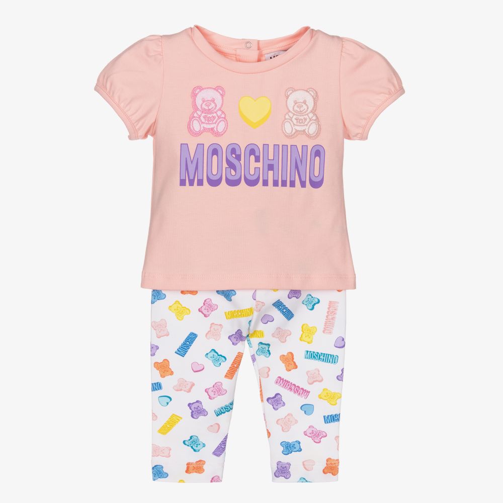 Moschino Baby - طقم ليغنغز قطن جيرسي لون زهري وأبيض للبنات | Childrensalon