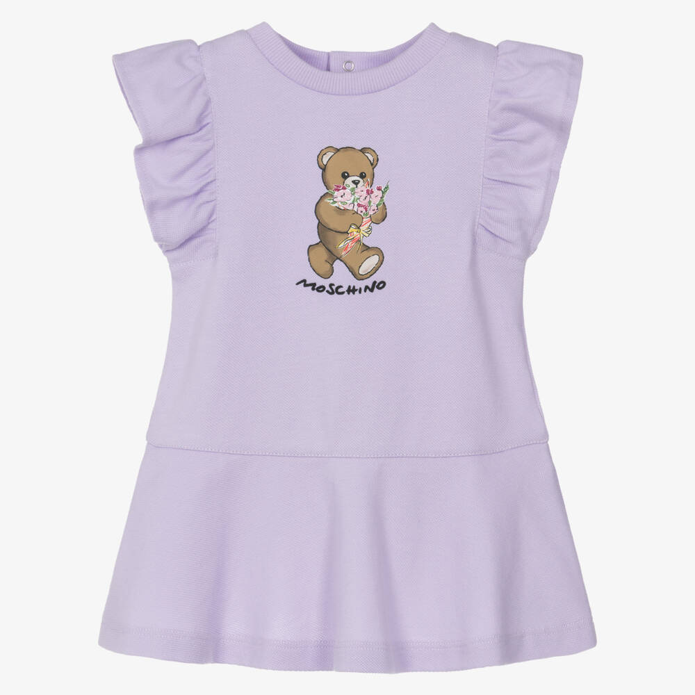 Moschino-Purple Flowers Bear Pique Dress | Childrensalon Outlet