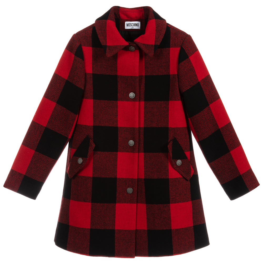 Moschino Kid-Teen - Karierter Mantel in Rot und Schwarz mit Logo | Childrensalon