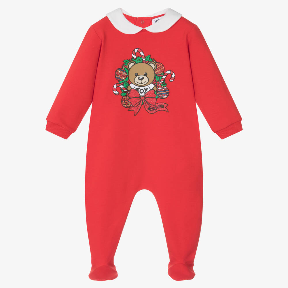 Moschino Baby - Red Cotton Festive Teddy Bear Babygrow | Childrensalon