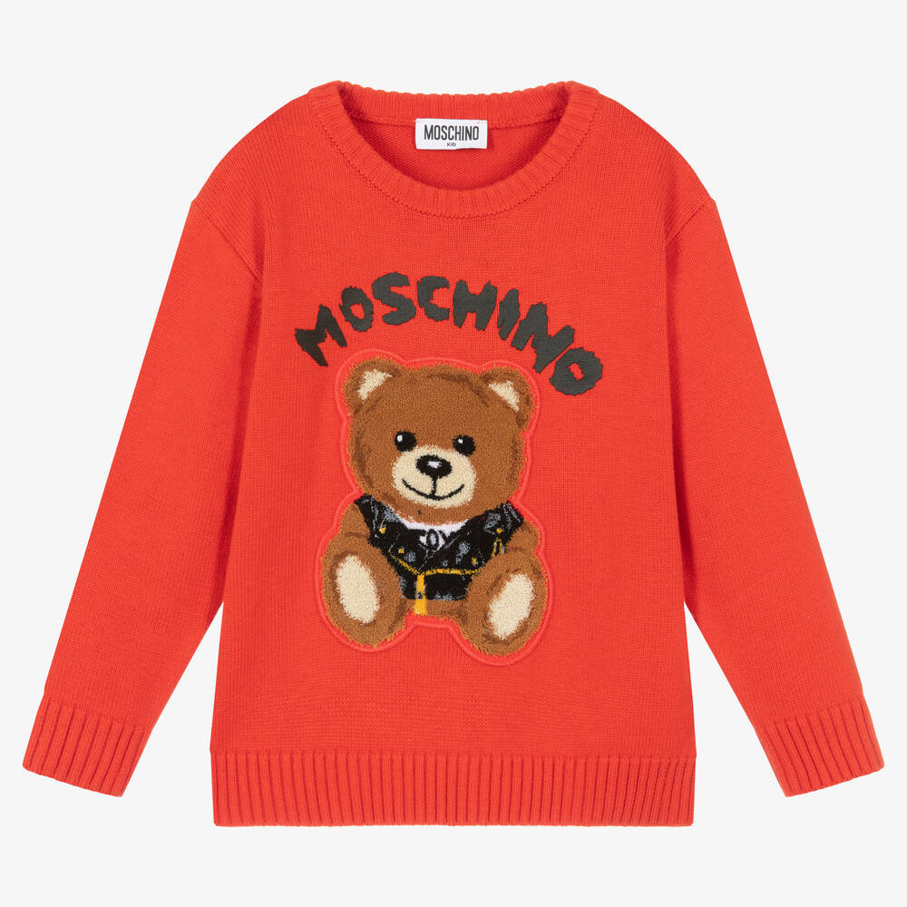 Moschino Kid-Teen - Red Cotton Knit Teddy Bear Jumper | Childrensalon